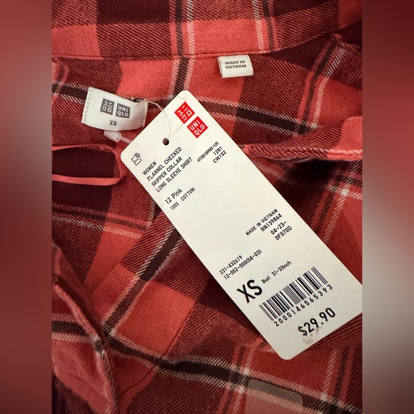 Uniqlo Red Flannel Checkered Skipper Collar Long Sleeve shirt Womens Top size XS - Picture 5 of 6